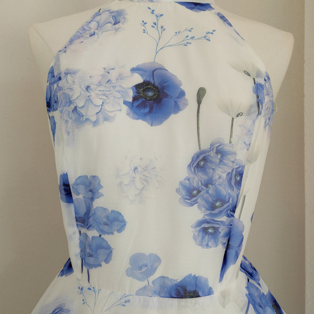 
                      
                        Halter White Floral Print Backless Tiered Short Dress
                      
                    
