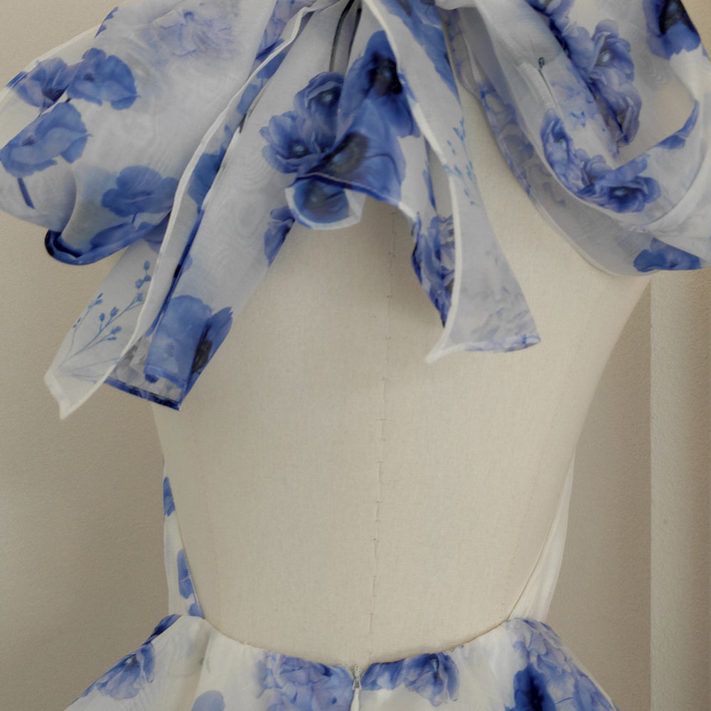 
                      
                        Halter White Floral Print Backless Tiered Short Dress
                      
                    