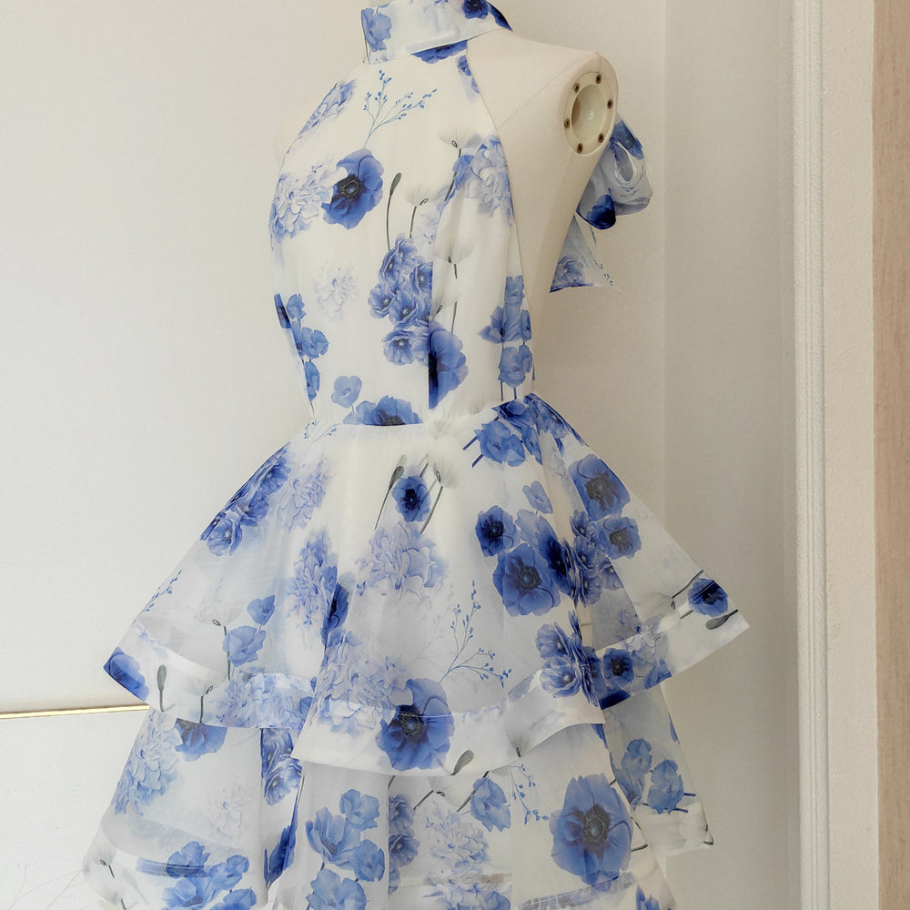 
                      
                        Halter White Floral Print Backless Tiered Short Dress
                      
                    