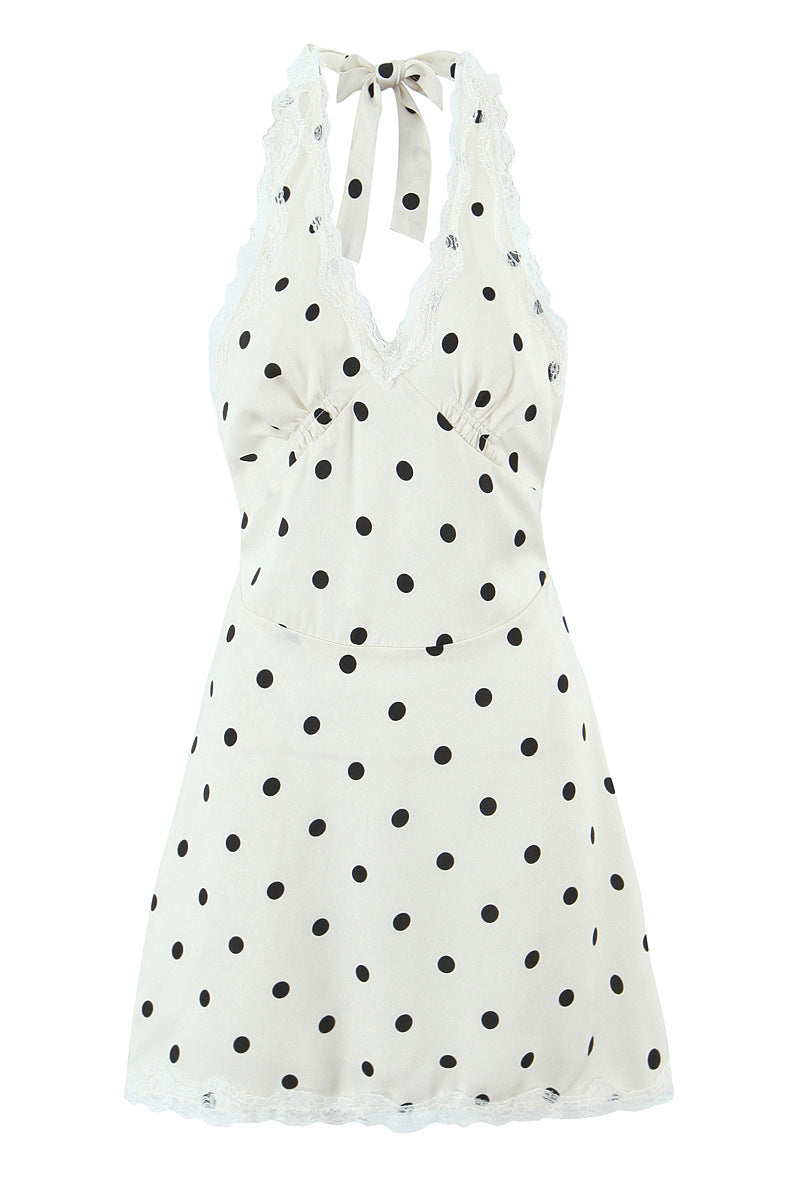 Halter White Polka Dots Open Back Short Dress