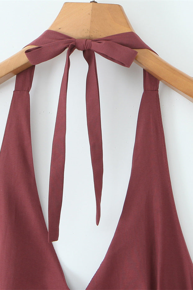 
                      
                        Halter Wine Red Ruffle Tiered A-line Short Dress
                      
                    