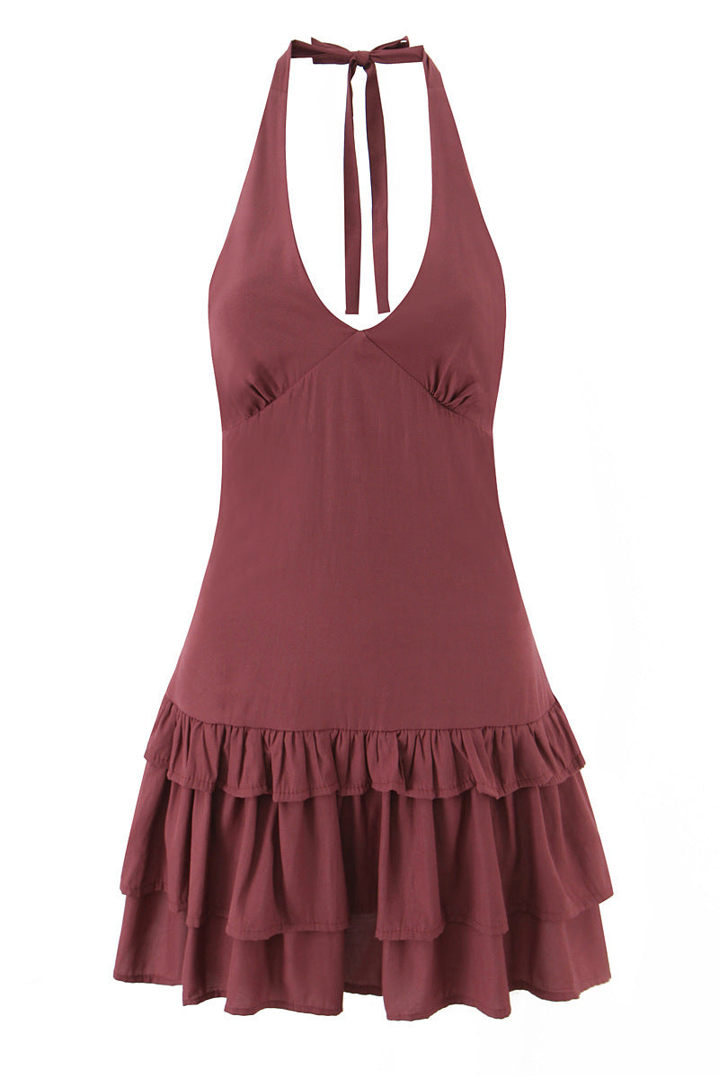 Halter Wine Red Ruffle Tiered A-line Short Dress