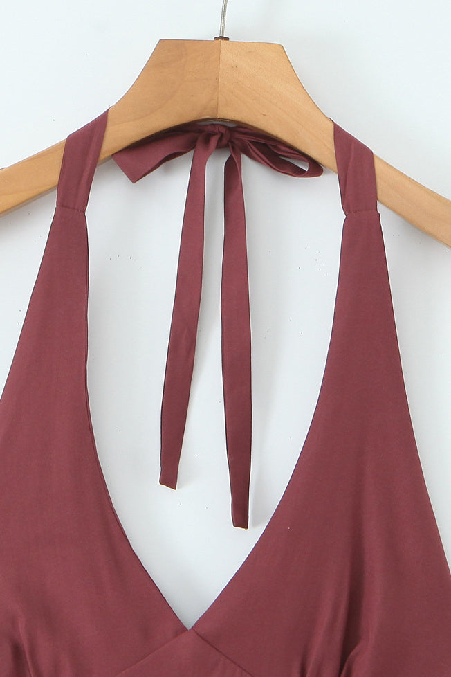 
                      
                        Halter Wine Red Ruffle Tiered A-line Short Dress
                      
                    