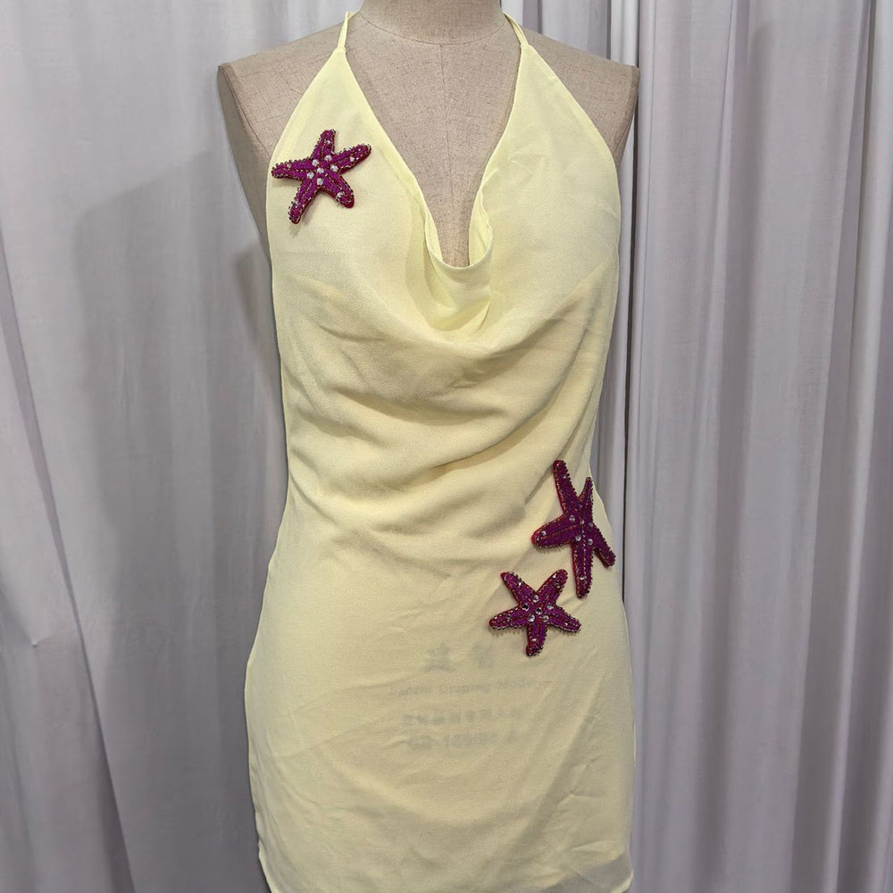 
                      
                        Halter Yellow A-line Short Dress with Starfishes
                      
                    