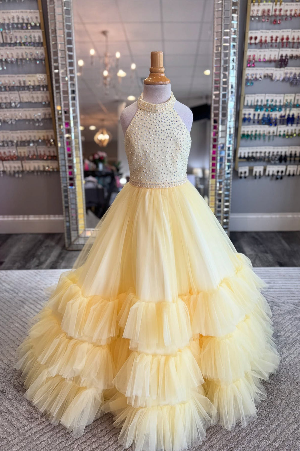 Halter Yellow Beaded Ruffled Hem Girl Pageant Dress
