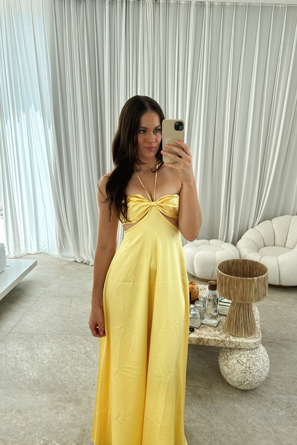 Halter Yellow Cut-out Back-tie A-line Long Dress