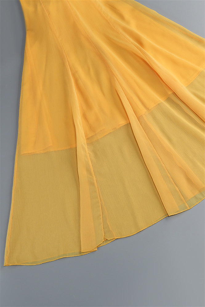 
                      
                        Halter Yellow Ruffled A-line Long Dress with Keyhole
                      
                    