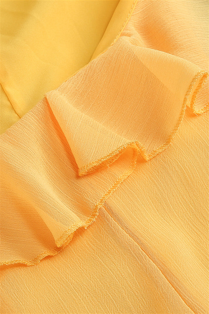 
                      
                        Halter Yellow Ruffled A-line Long Dress with Keyhole
                      
                    