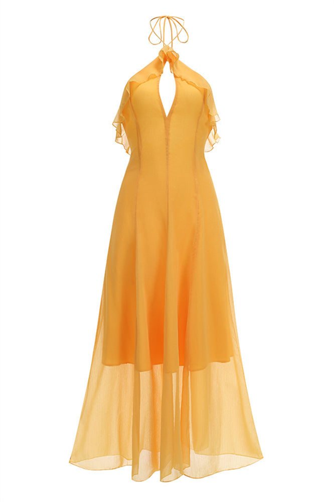 Halter Yellow Ruffled A-line Long Dress with Keyhole