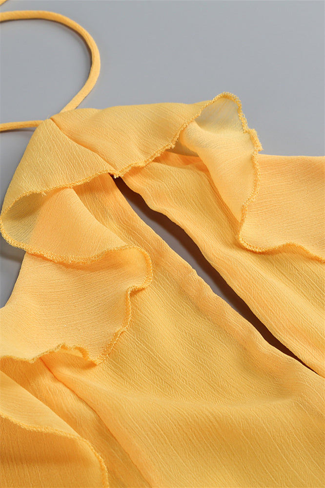 
                      
                        Halter Yellow Ruffled A-line Long Dress with Keyhole
                      
                    