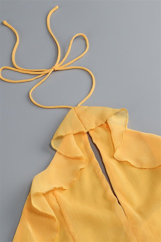 
                      
                        Halter Yellow Ruffled A-line Long Dress with Keyhole
                      
                    