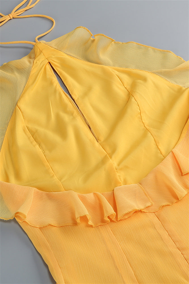 
                      
                        Halter Yellow Ruffled A-line Long Dress with Keyhole
                      
                    