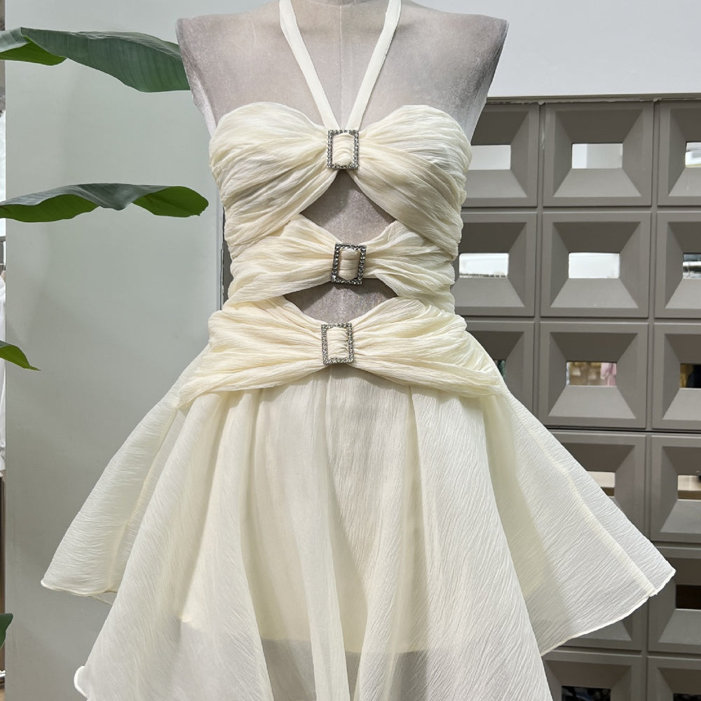 
                      
                        Halter Apricot Ruched A-line Short Dress with Keyholes
                      
                    
