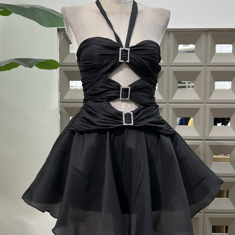 
                      
                        Halter Apricot Ruched A-line Short Dress with Keyholes
                      
                    