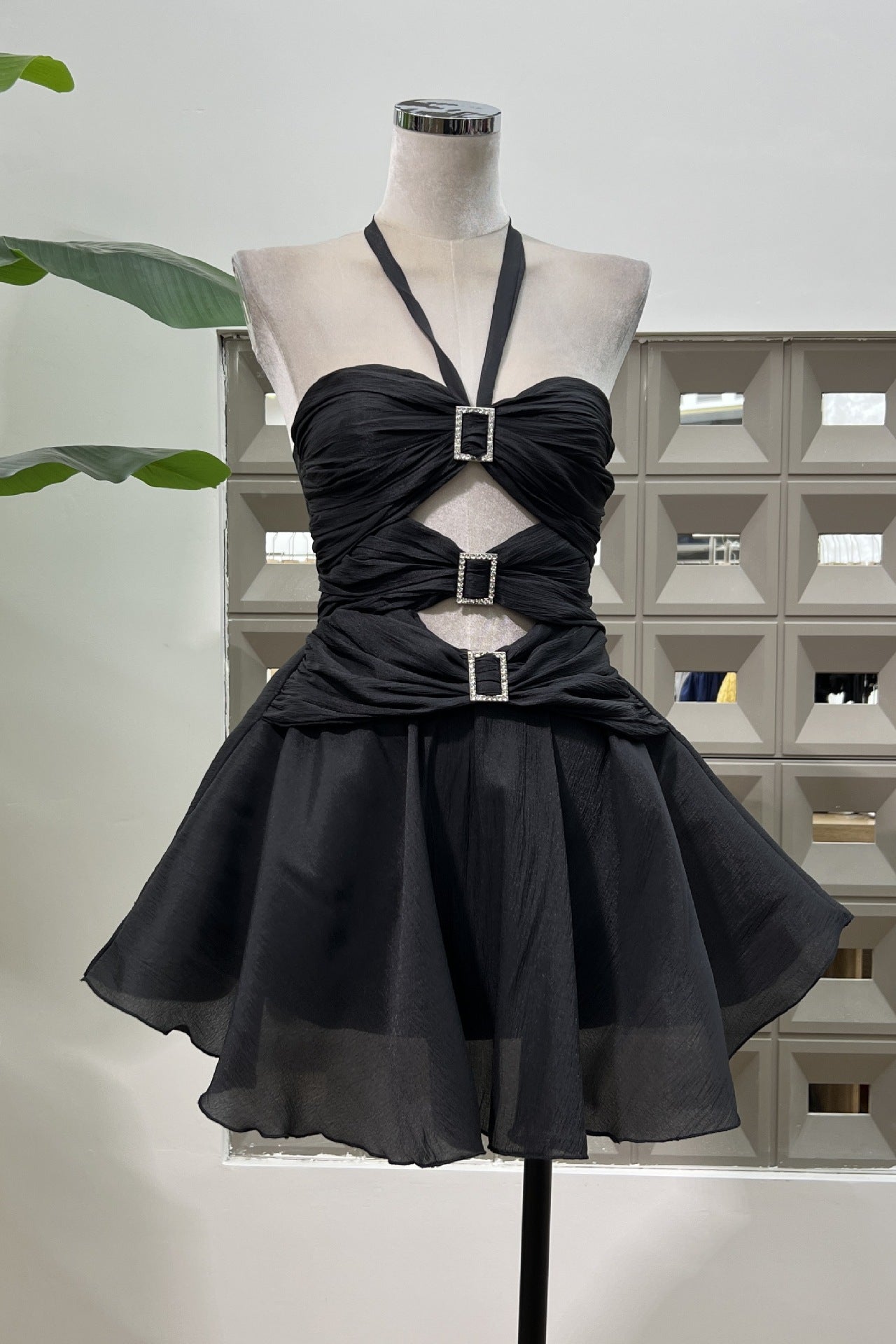 Halter Apricot Ruched A-line Short Dress with Keyholes