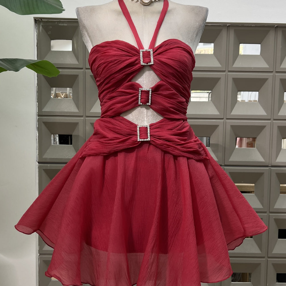
                      
                        Halter Apricot Ruched A-line Short Dress with Keyholes
                      
                    