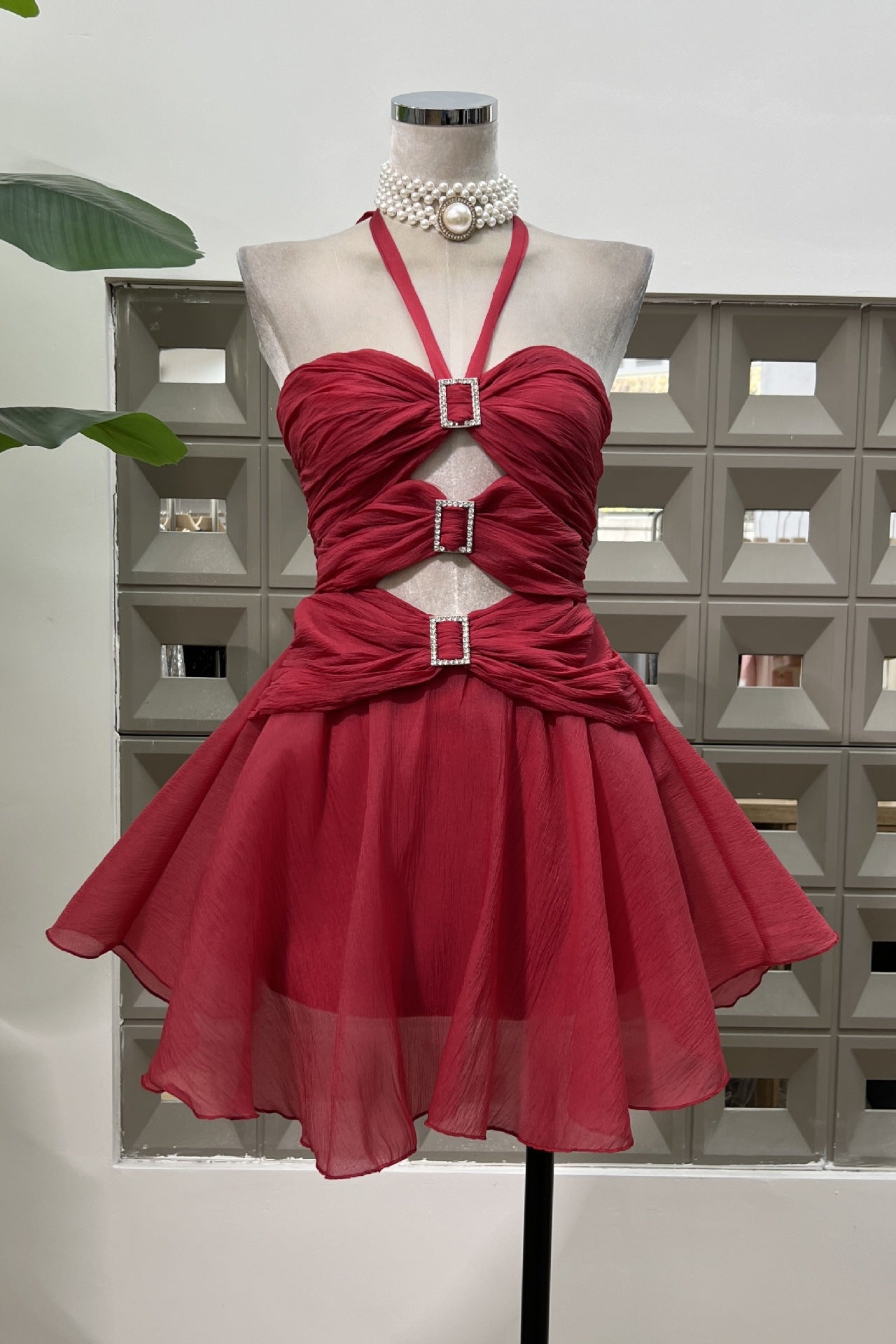 Halter Apricot Ruched A-line Short Dress with Keyholes