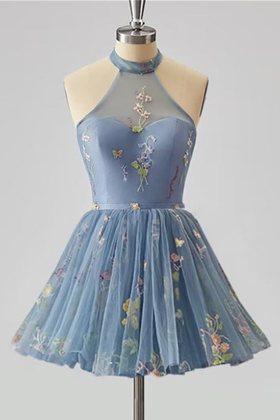 Halter Blue Floral Appliques A-line Short Dress