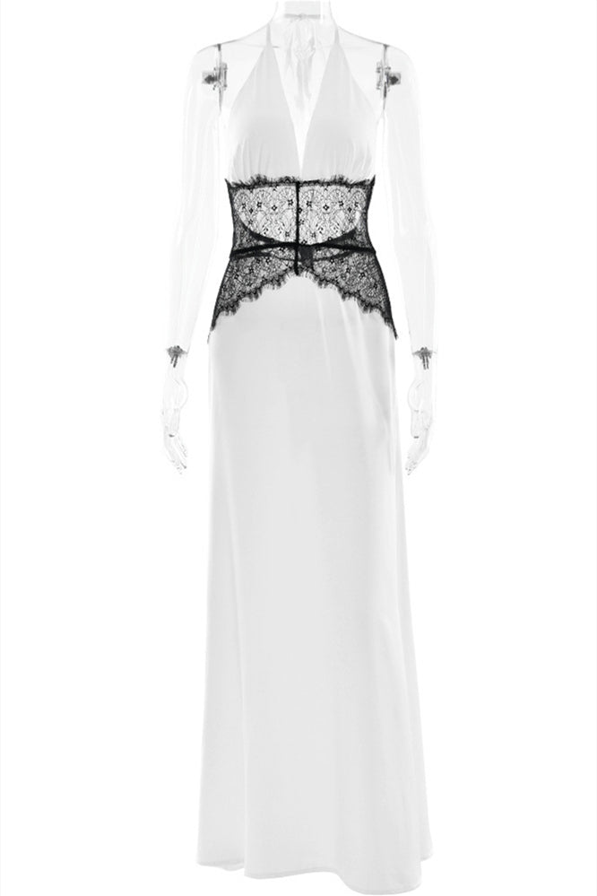 Halter Blue Lace Stitching A-line Long Dress