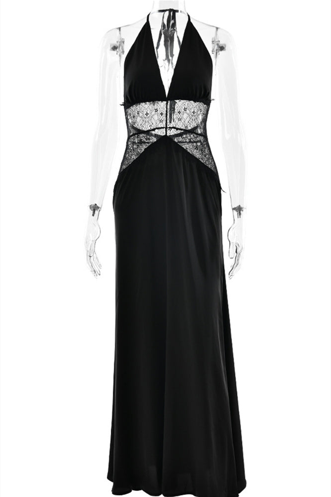 
                      
                        Halter Blue Lace Stitching A-line Long Dress
                      
                    