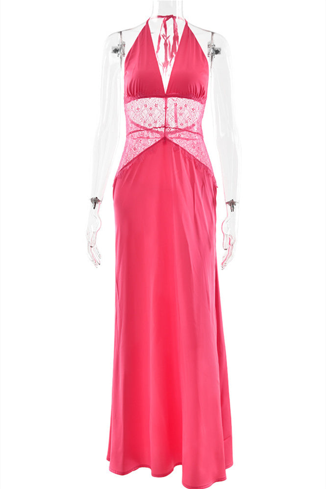 
                      
                        Halter Blue Lace Stitching A-line Long Dress
                      
                    