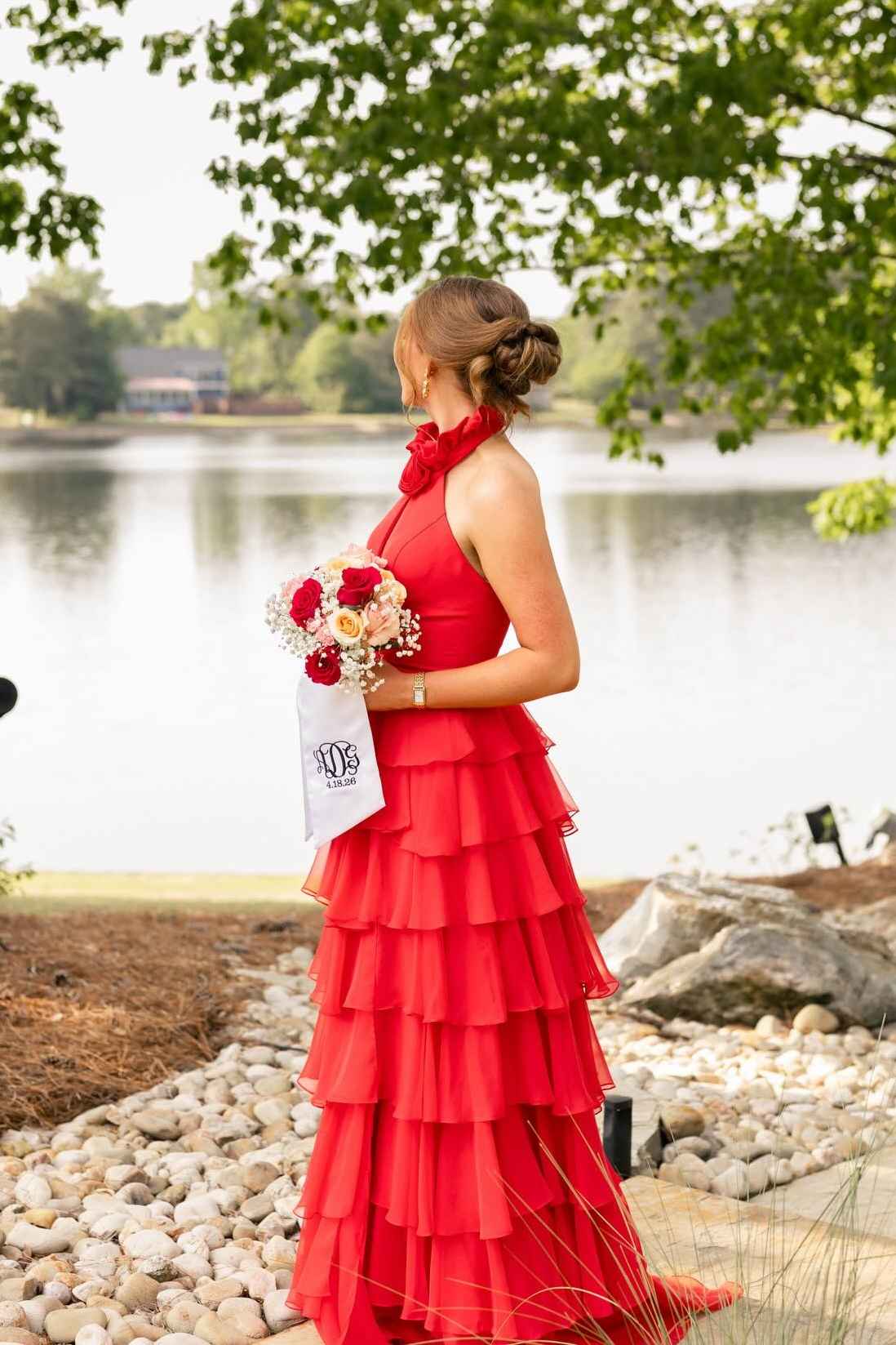 Halter Emerald Green Tiered Long Dress with Rosette