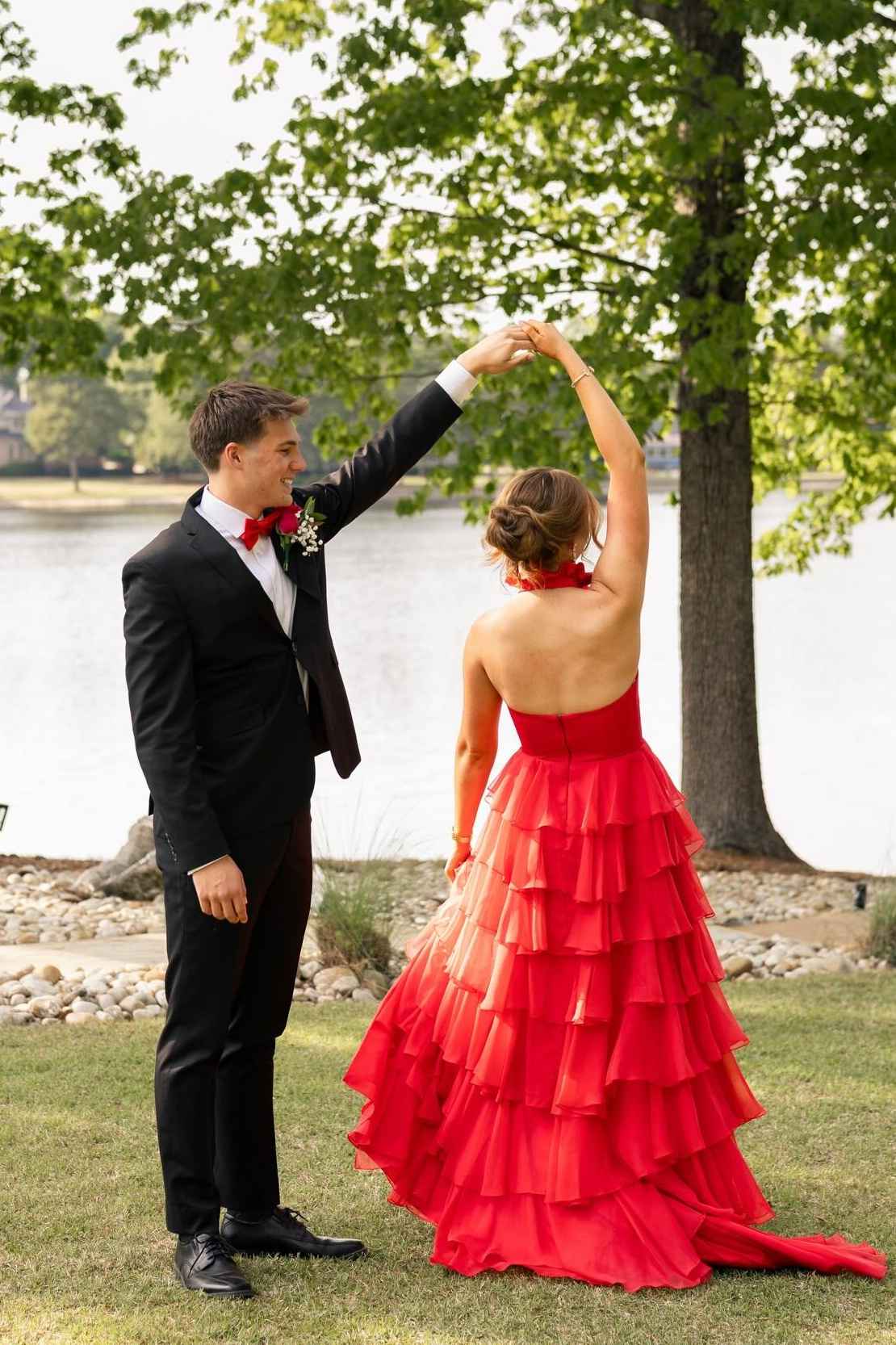 Halter Emerald Green Tiered Long Dress with Rosette