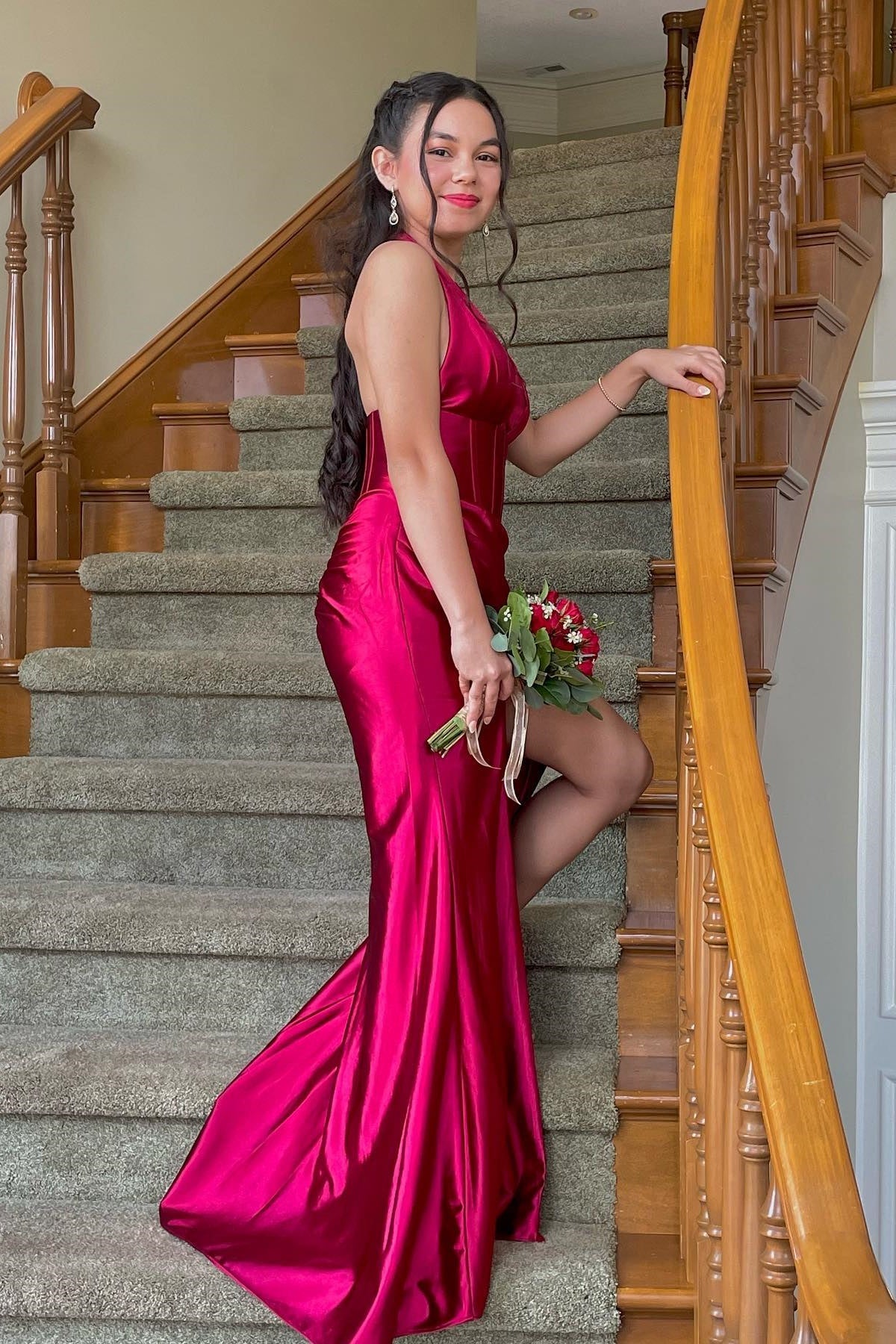 Halter Red Ruched Mermaid Long Dress with Slit