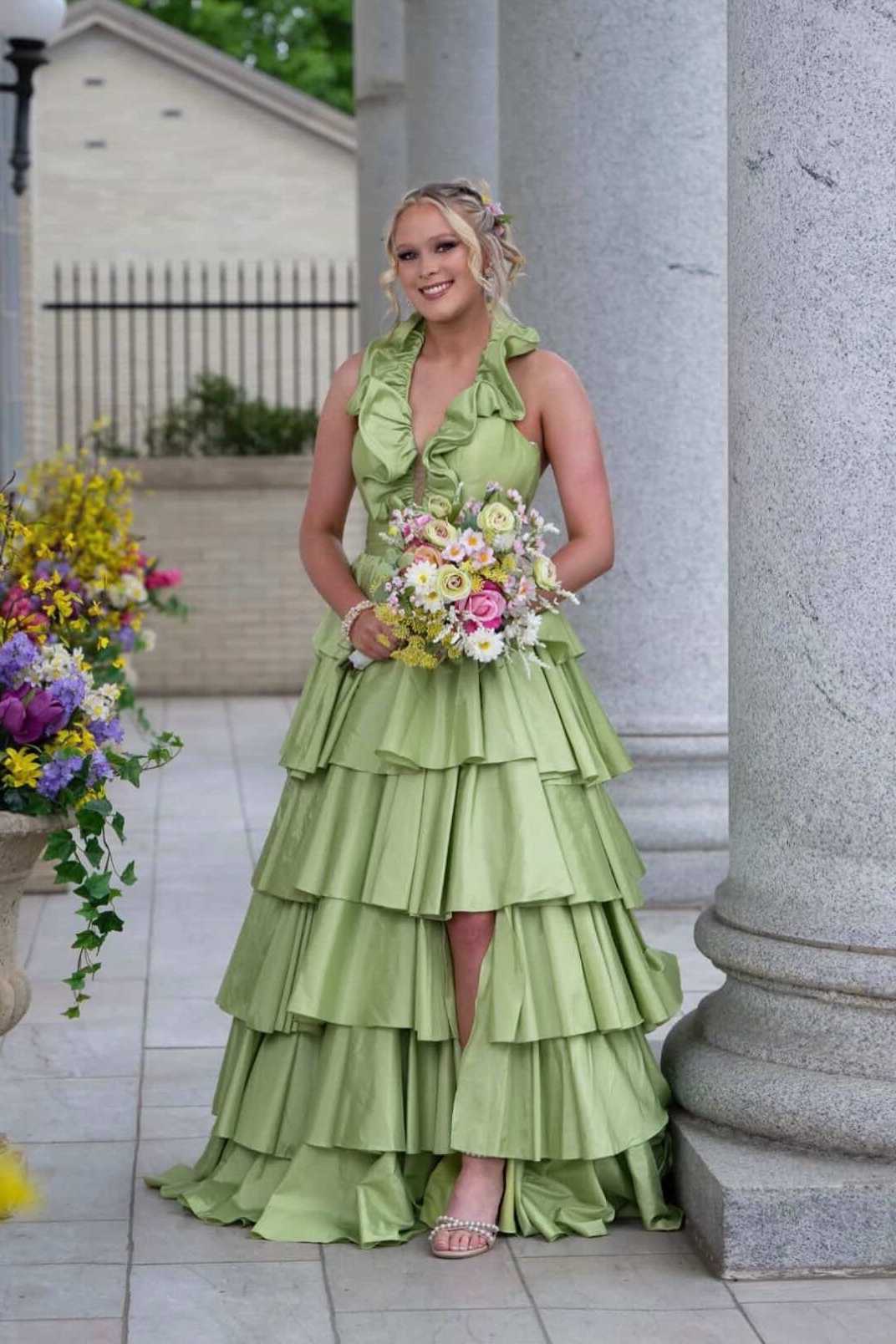 Halter Fuchsia Ruffle Tiered Long Prom Dress