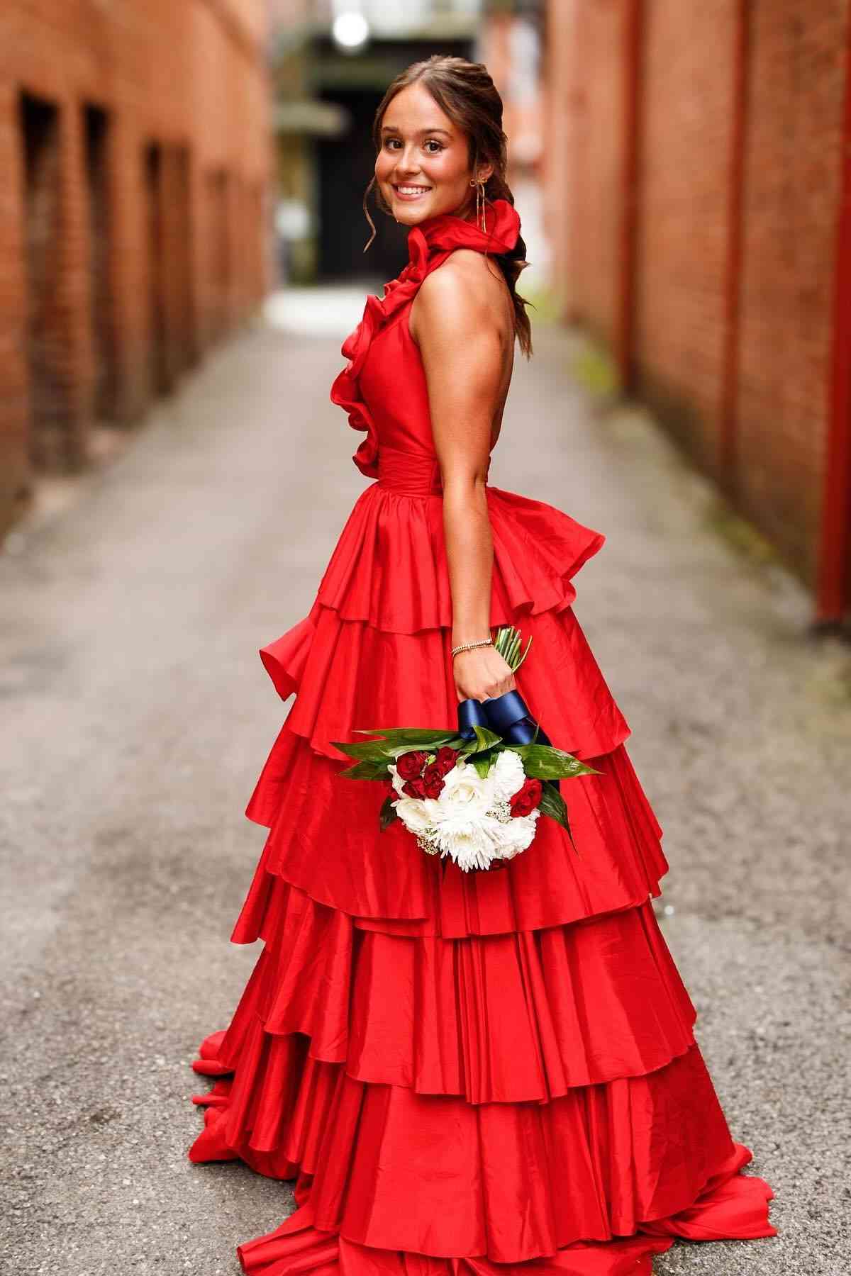 Halter Fuchsia Ruffle Tiered Long Prom Dress
