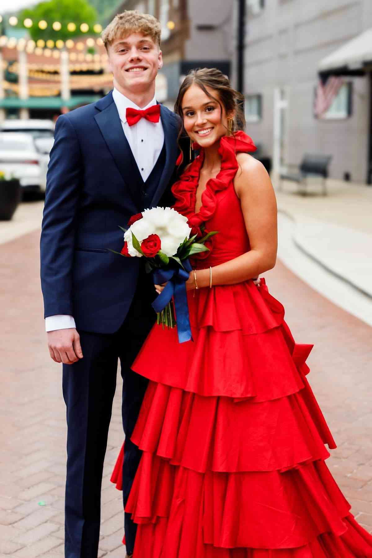Halter Fuchsia Ruffle Tiered Long Prom Dress