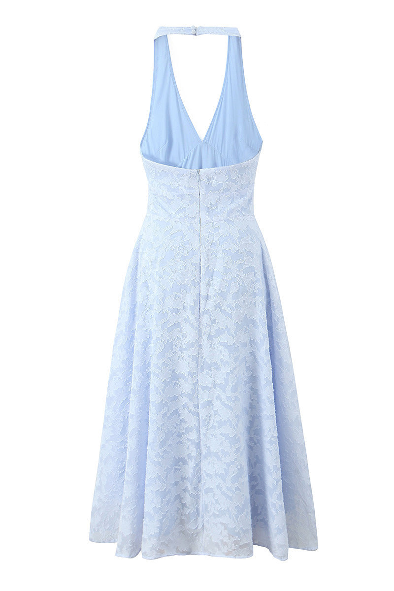 Halter Light Blue Jacquard A-line Long Dress
