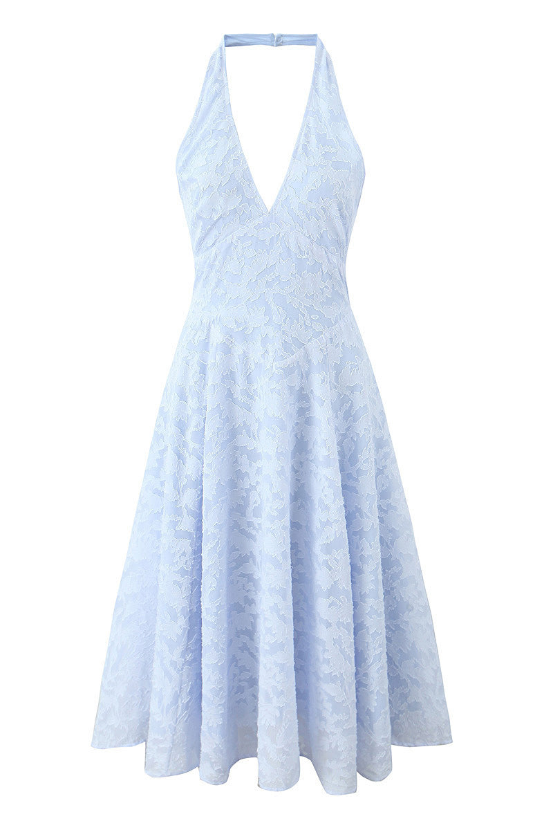 Halter Light Blue Jacquard A-line Long Dress