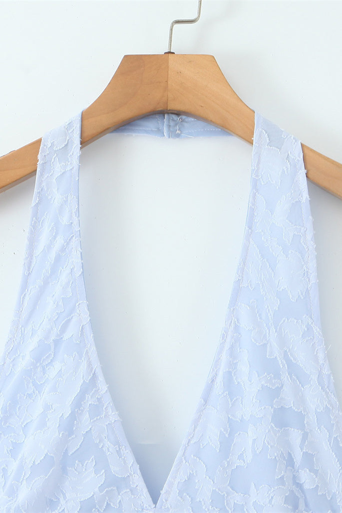 Halter Light Blue Jacquard A-line Long Dress