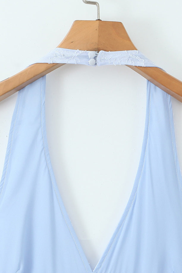 Halter Light Blue Jacquard A-line Long Dress
