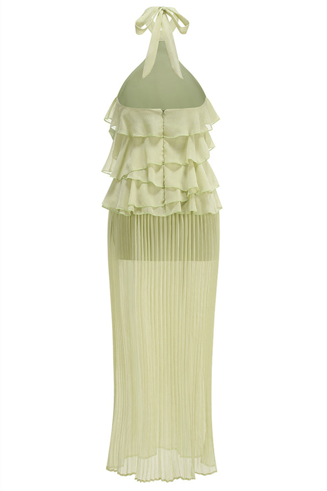 Halter Light Green Tiered Ruffle Wedding Guest Dress
