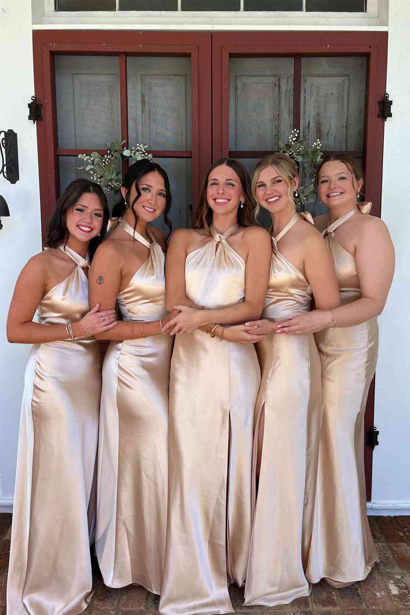Halter Light Pink Open Back Bridesmaid Dress with Slit