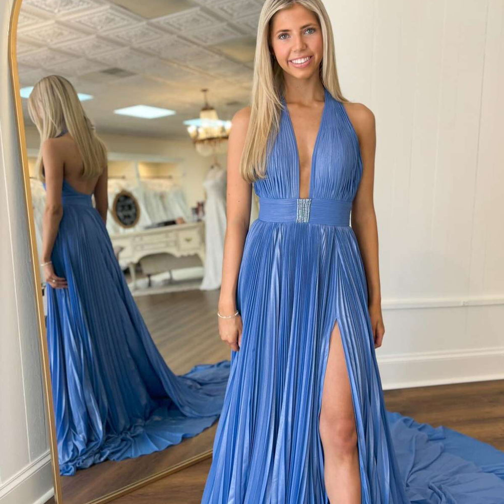 
                      
                        Halter Neck Aqua Pleated A-line Long Dress
                      
                    
