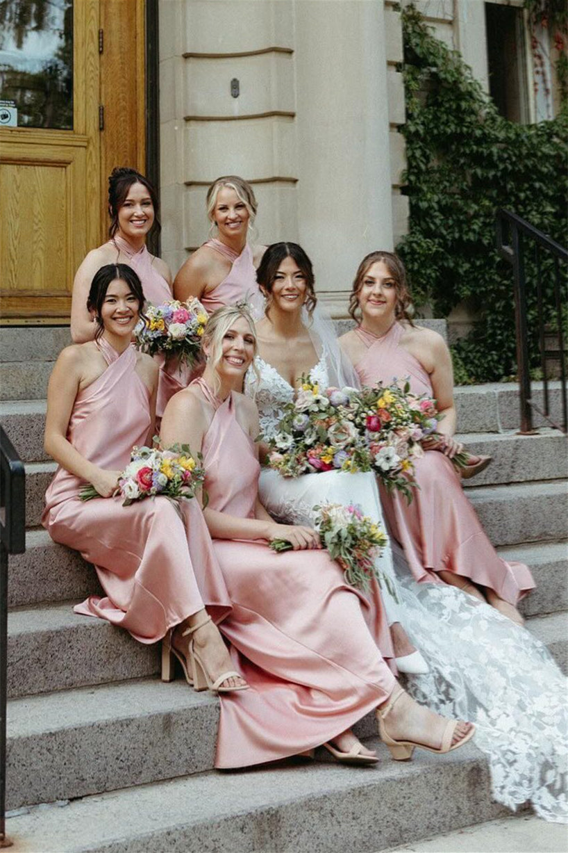 Halter Pink Back Bow Sheath Bridesmaid Dress