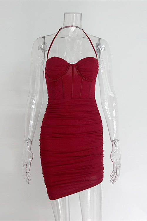 Halter Pink Ruched Bodycon Short Dress with Boning