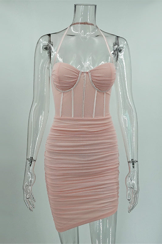 
                      
                        Halter Pink Ruched Bodycon Short Dress with Boning
                      
                    