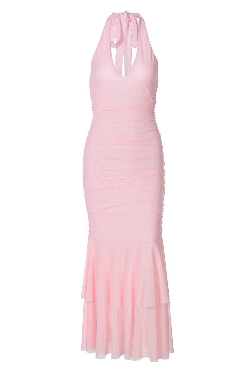 Halter Pink Ruched Tiered Tulle Long Dress