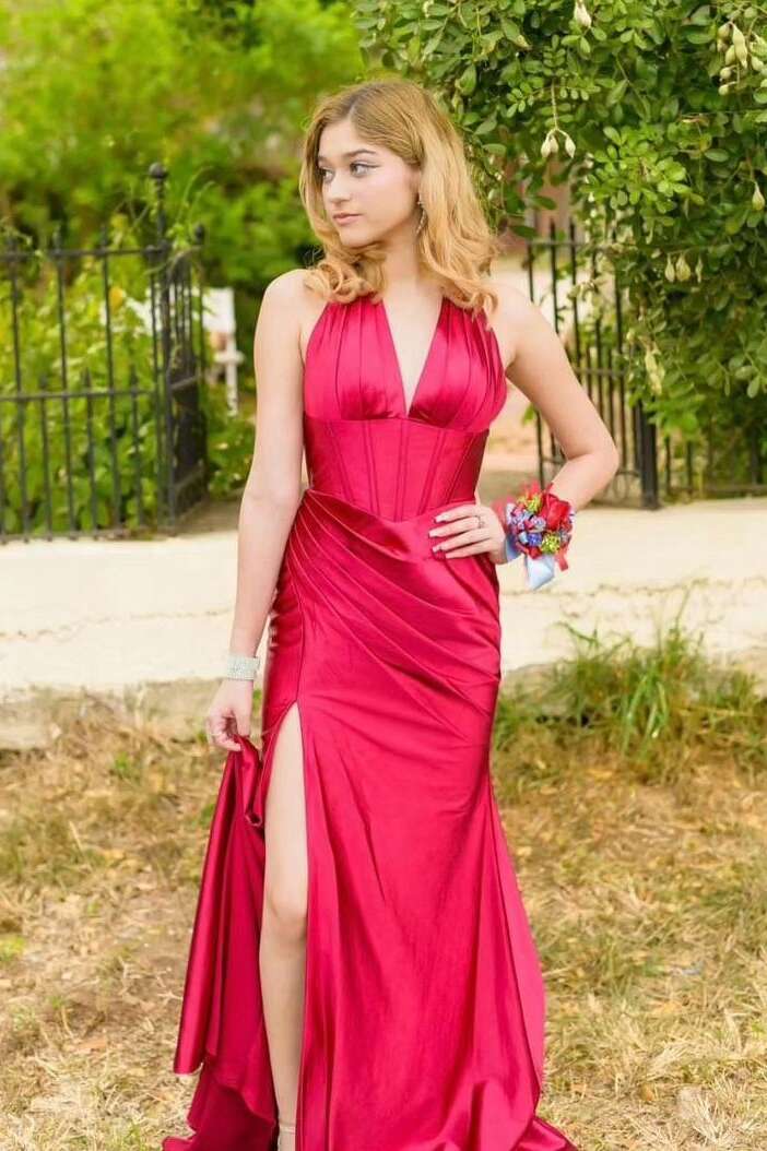 Halter Red Ruched Mermaid Long Dress with Slit