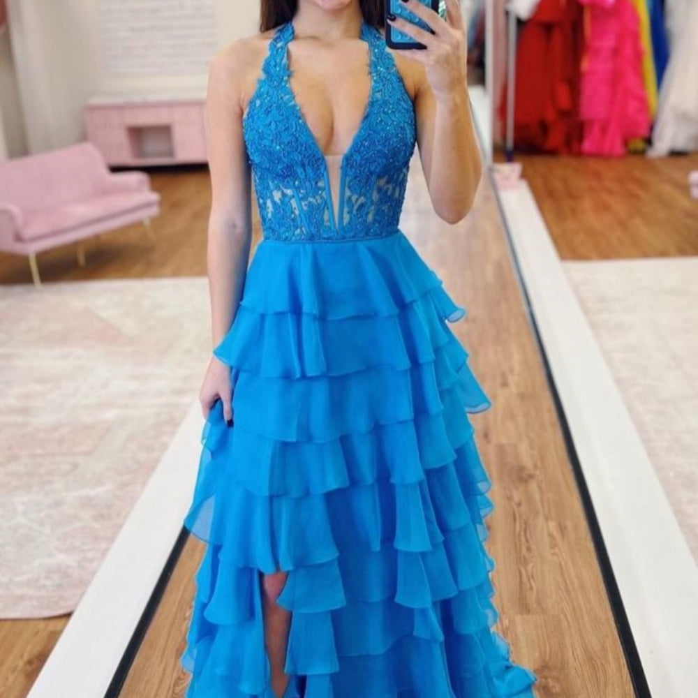 
                      
                        Halter Red Appliques Tiered A-line Long Dress
                      
                    