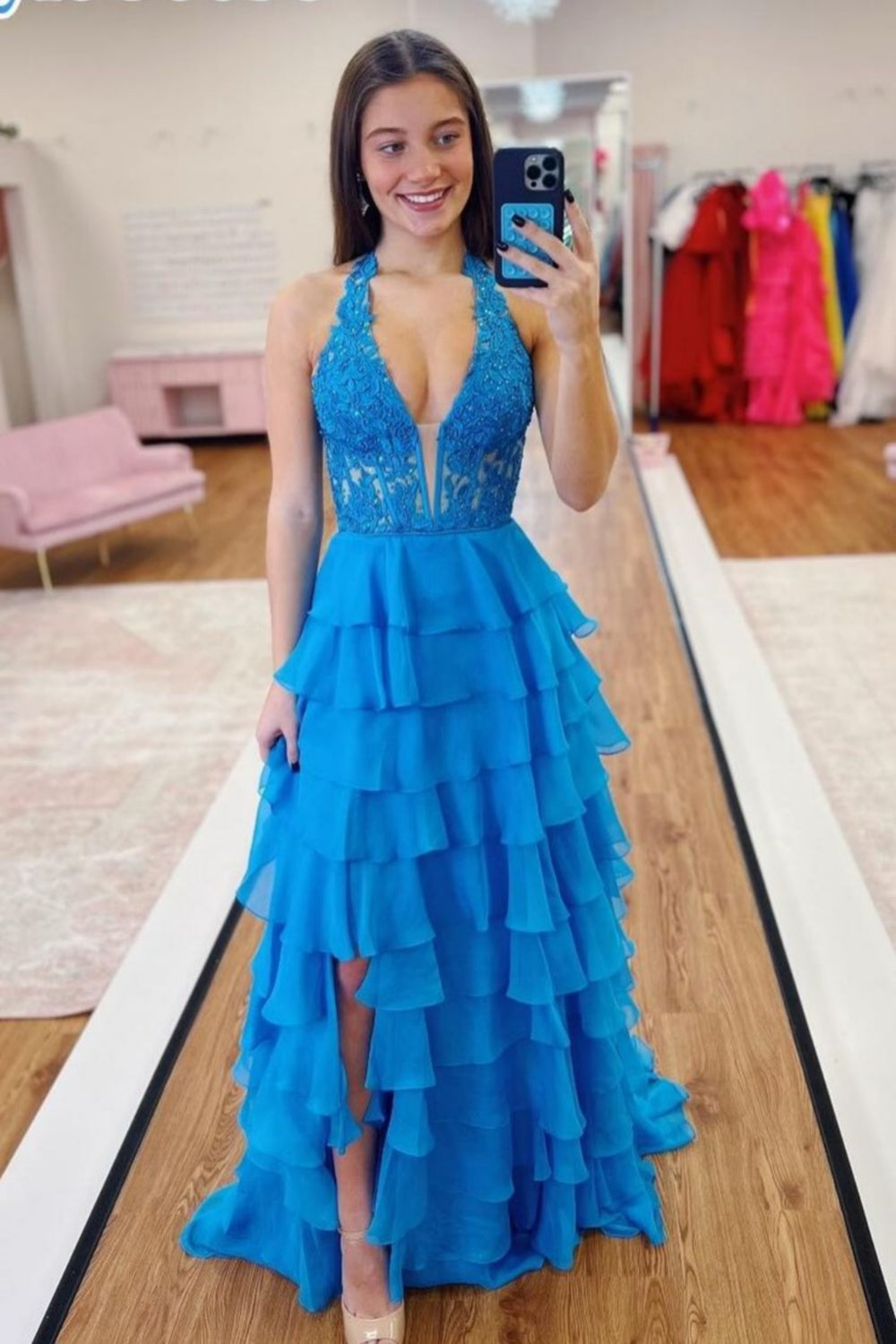 Halter Red Appliques Tiered A-line Long Dress