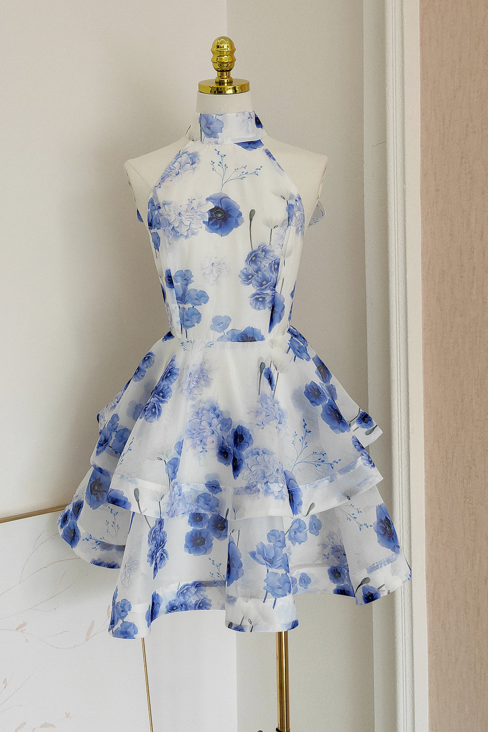 Halter White Floral Print Backless Tiered Short Dress