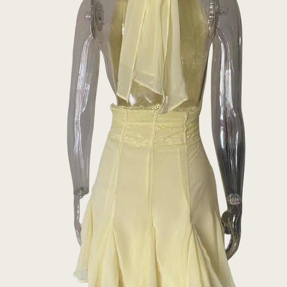 
                      
                        Halter Yellow Lace Splicing Short Dress with Bow
                      
                    