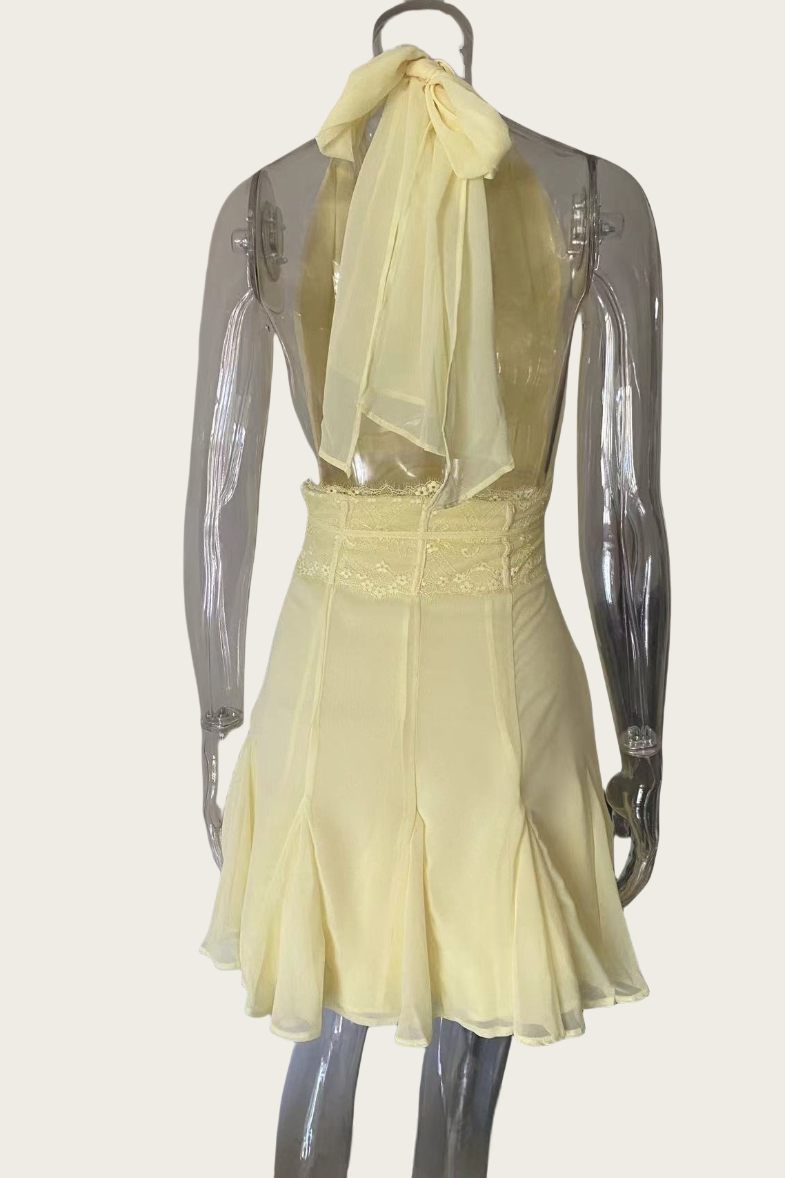 Halter Yellow Lace Splicing Short Dress with Bow