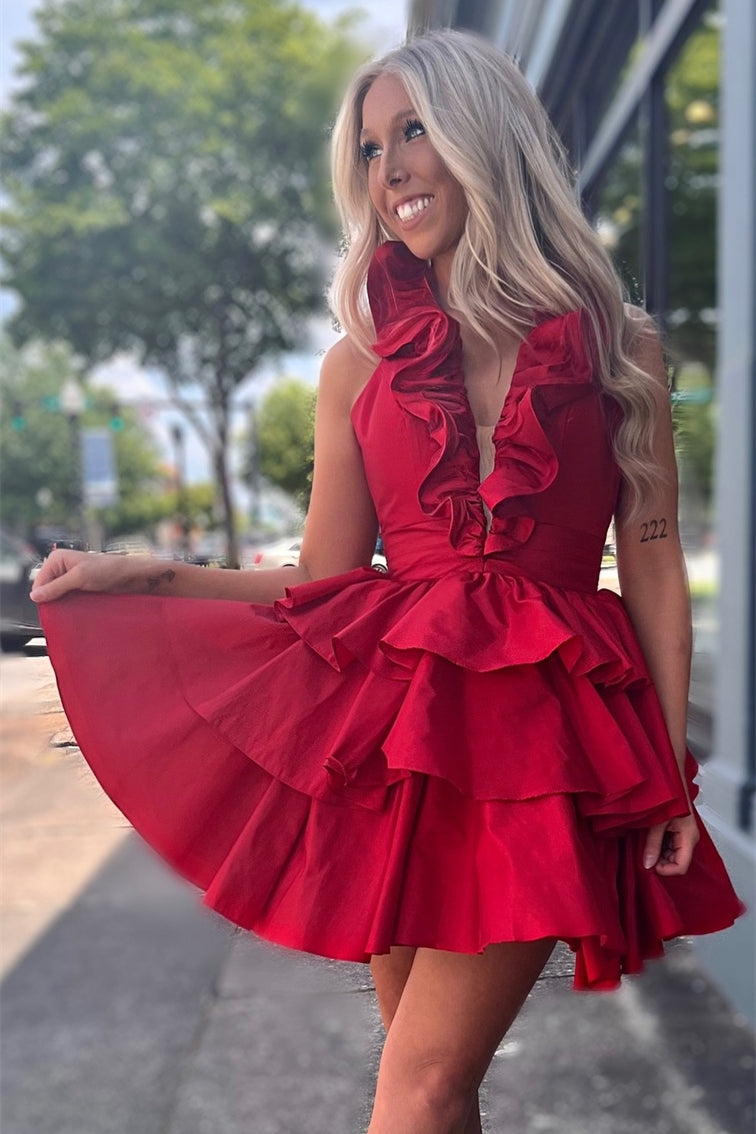 Halter Red Tiered Ruffle Short A-line Dress