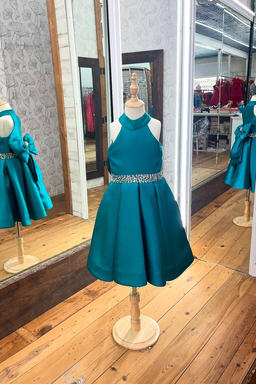 High Neck Blue Beaded Girl Pageant Dress with Bow